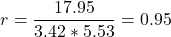  \begin{equation*} \ r = \frac {17.95} {3.42 * 5.53} = 0.95 \end{equation*} 