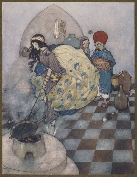 Drawing of girl upsetting a pan on the fire