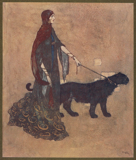 Drawing of the The Queen of the Ebony Isles with her black dog