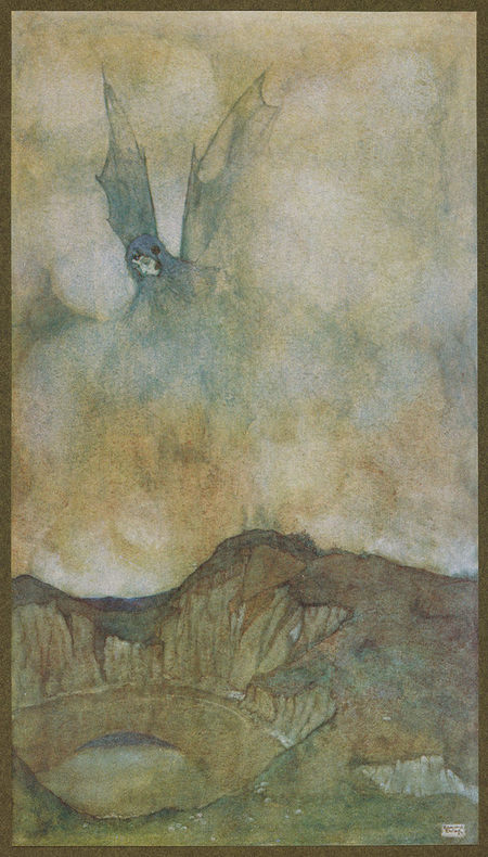 Drawing of woman in the clouds with bat wings and a lake in a mountainous valley