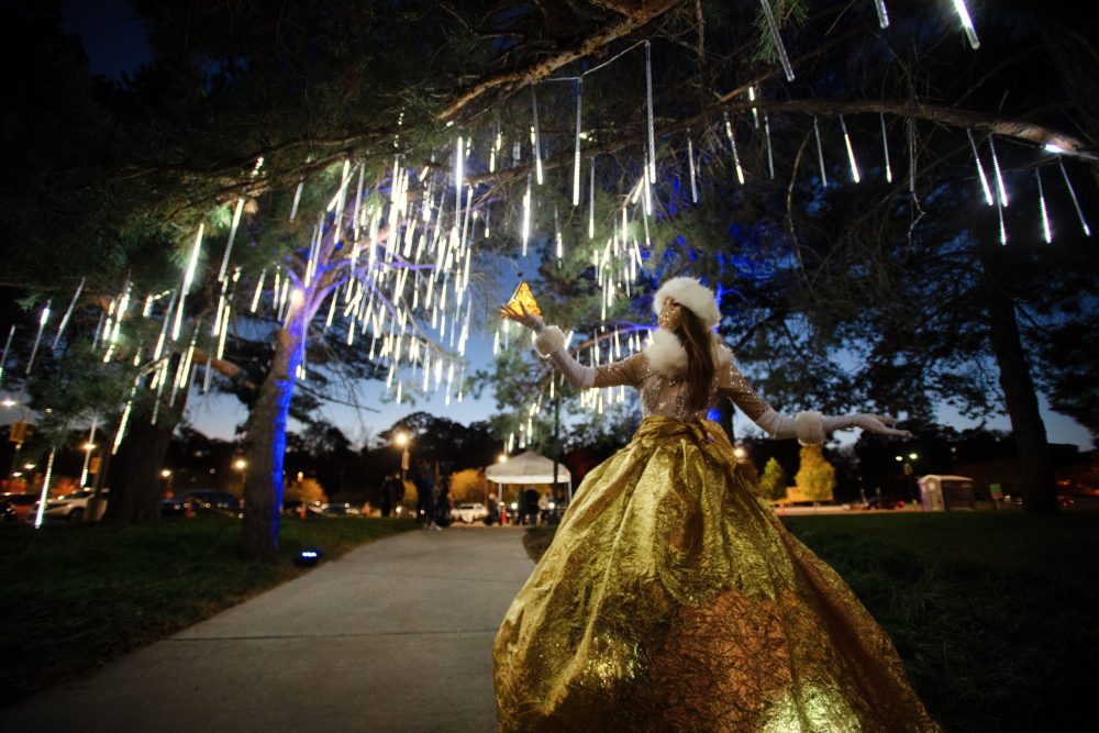 Finely dressed woman holidng a small gold pyramid and standing under a lighted tree.