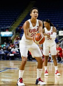A picture showing Layshia playing basketball with the USA Women's National Team