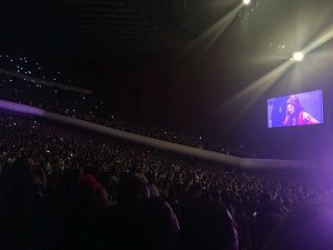 This picture shows the singer Mon Laferte singing at a concert in front of a big audience