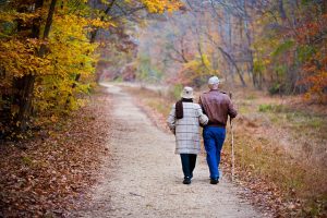 An elderly couple walking through the woods