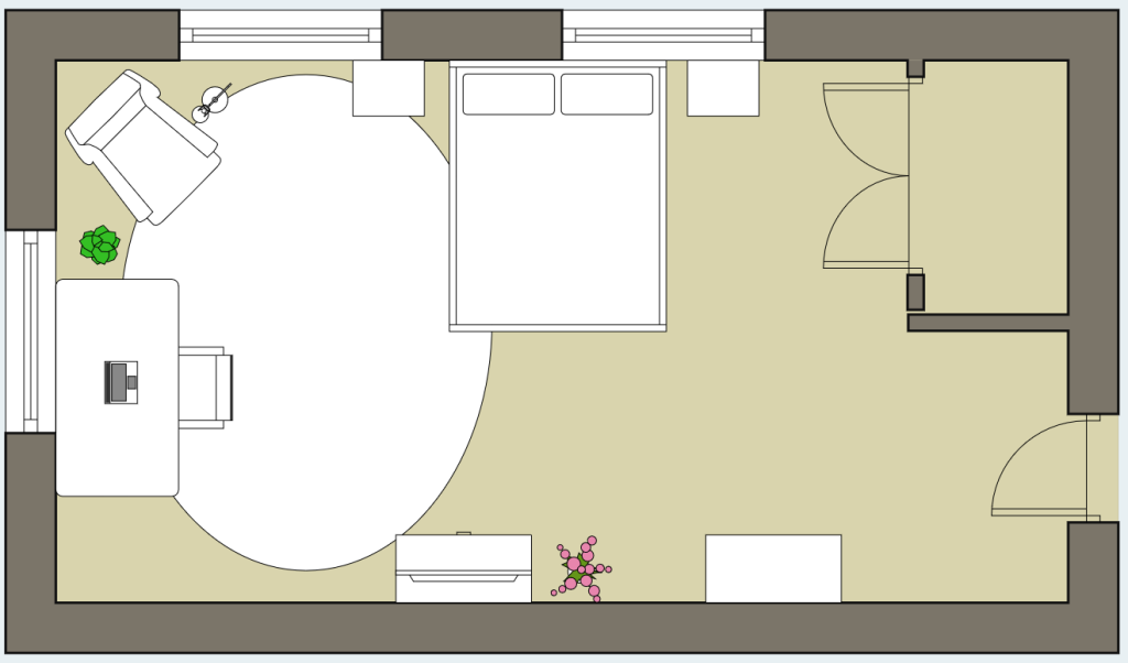 A bedroom layout with various pieces of furniture, a closet, a computer.