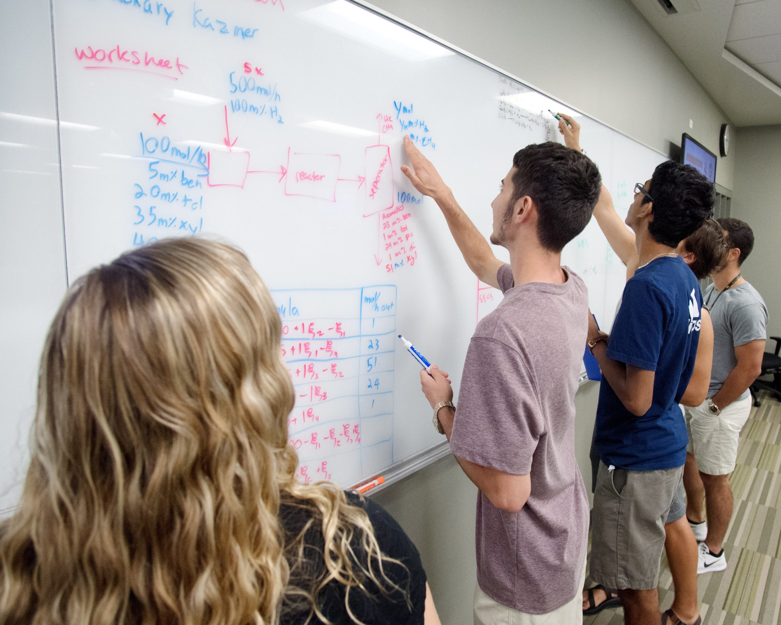 Students in an engineering class working on the whiteboard in an active learning classroom.