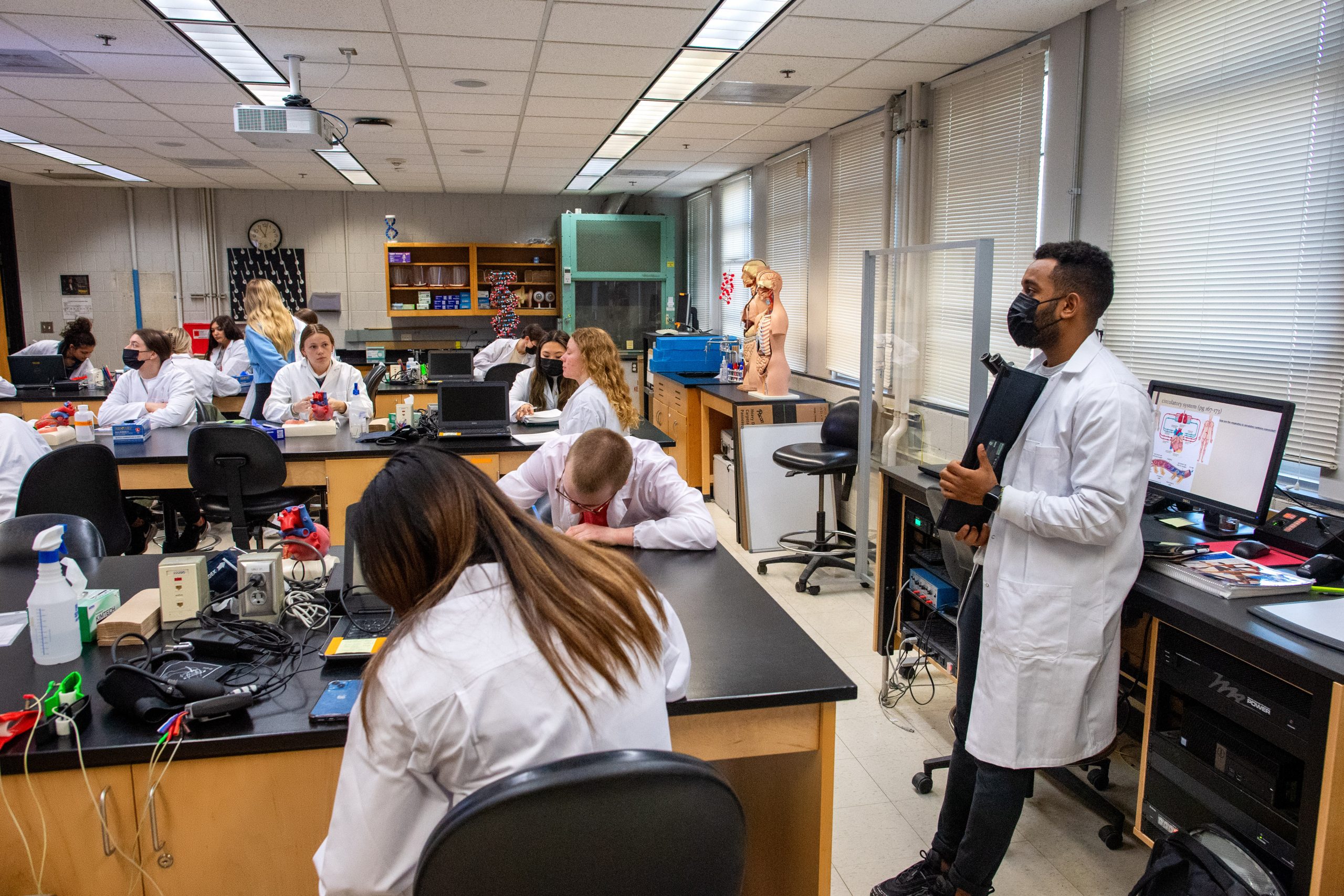 Undergraduate Teaching Assistant Khalid Elhadi teaching a human biology lab.