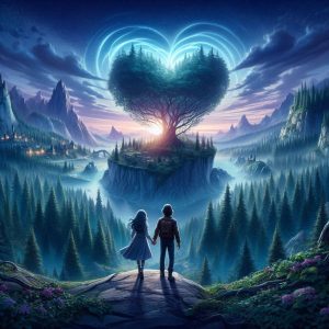 A mystical heart of Shadow Cove with a girl named Lila and a boy named Ethan holding hands, surrounded by dense forests and a rocky coastline under a twilight sky.