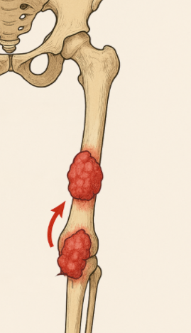 Example of skip metastasis in osteosarcoma, demonstrating a secondary lesion in the mid-femur separate from the primary tumor in the distal femur.