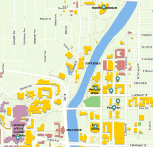 Map showing the Iowa River and downtown Iowa City