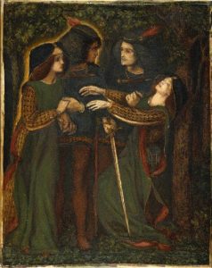 Four figures stand in front of a wooded background. Two figures, a man with a dark tunic and red tights and a woman in a green dress, are bathed in a golden glow, glaring at the two opposing figures. The other figures, also a man and woman, are identical to the others, yet the mans face conveys fear and the woman is fainting in his arms.