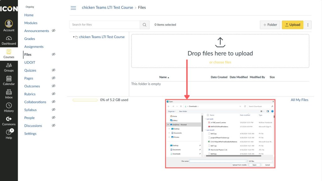 Screenshot of ICON educational software's Files section for the "chicken Teams LTI Test Course" with a file upload area and a file explorer's Open dialog highlighted.