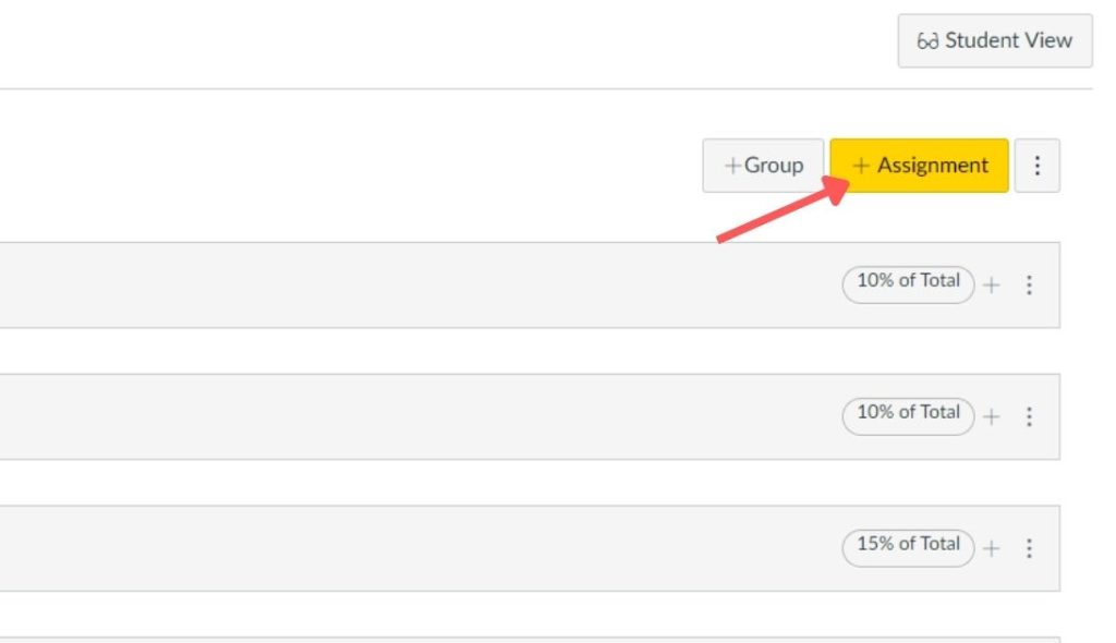 Screenshot of an online learning management system's assignment interface with navigation sidebar and a highlighted "+ Assignment" button.