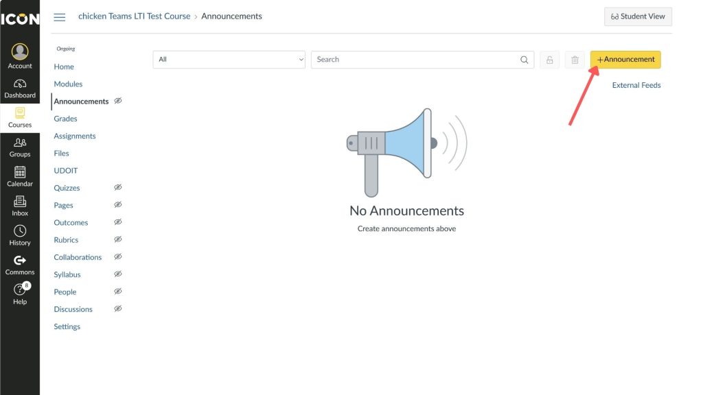On the announcements page in ICON a red arrow points to the add announcement button in the upper right.