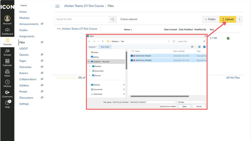 Screenshot of ICON educational software showing file upload process for the chicken Teams LTI Test Course. The file upload dialog box is prominently displayed in the center, bordered in red. Within the dialog box, a directory named "Test" located on the Desktop via OneDrive is open, showing two highlighted files: MATH2550_PEXAM1 and MATH2550_PEXAM2