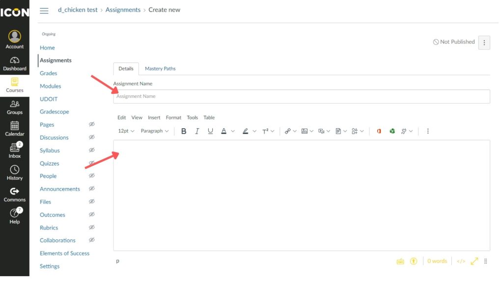 : Screenshot of an online learning management system's assignment creation interface, showing fields for assignment name and content composition.