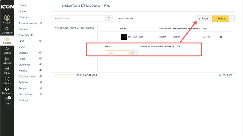 An arrow points directly at the "+ Folder" button, indicating its importance. Below the list, a red box highlights an input field for naming a new folder, along with check (✔) and cross (✖) symbols to confirm or cancel the action.