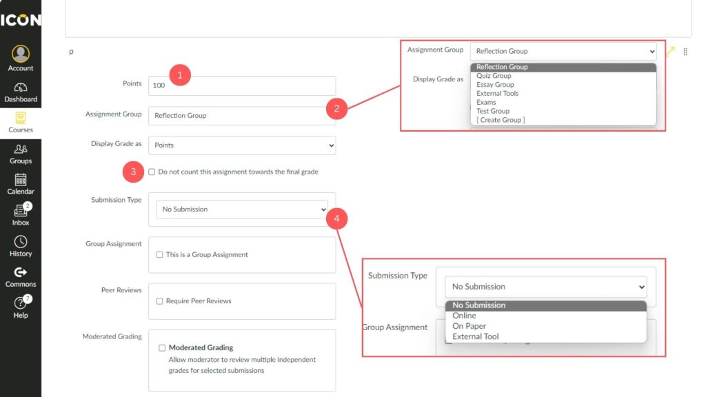 Educational platform interface setting up an assignment with points (1), assignment group (2), grade display (3), and submission type (4) options highlighted.