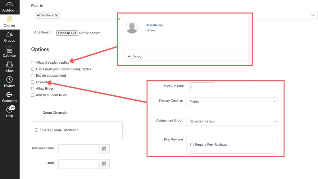 Screenshot of a course management interface with assignment options and settings. Arrows indicate to "Allow threaded replies" and "Graded" checkboxes.