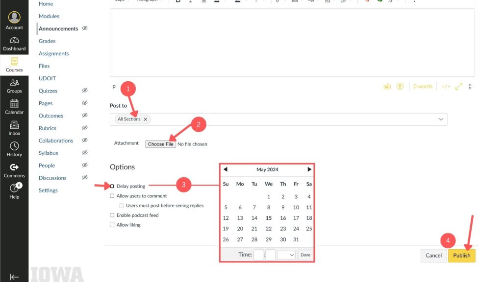 There are four numbered locations indicated to on the bottom of the announcement creation screen on ICON. The first points to where you can add which sections to post to. The second is where you can add files to the post. The third points to a checkbox where you can enable delayed posting. And the fourth points to the yellow publish button in the bottom right.