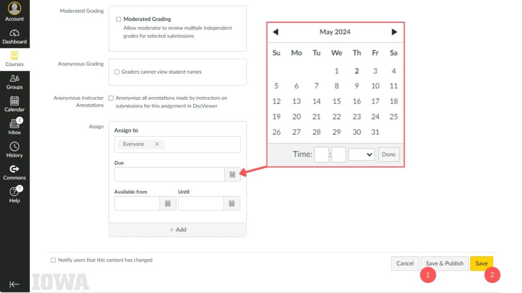 A calendar pop-up for May 2024 with options for selecting the date and time is visible, indicating the process of setting the due date. At the bottom, there are three buttons to "Cancel," "Save & Publish," and "Save." "Save and Publish" is marked with a (1) and "Save" is marked with a (2).