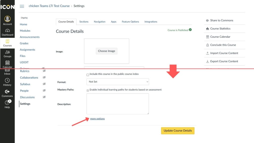 An arrow points to the more options button at the bottom of the course details page in settings.
