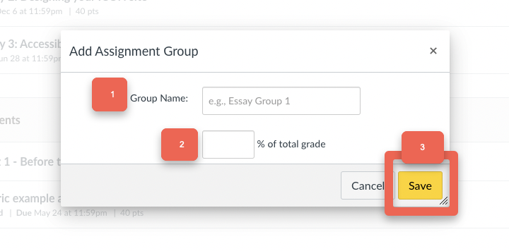 ICON pop-up window for adding an assignment group with fields for group name and percentage of total grade, featuring 'Cancel' and 'Save' buttons.