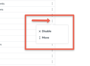 A dropdown menu showing options 'Disable' and 'Move' with a red arrow pointing to an ellipsis icon.