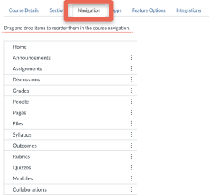 Navigation settings screen with reorderable list of course navigation items including Home, Announcements, Assignments, and more.