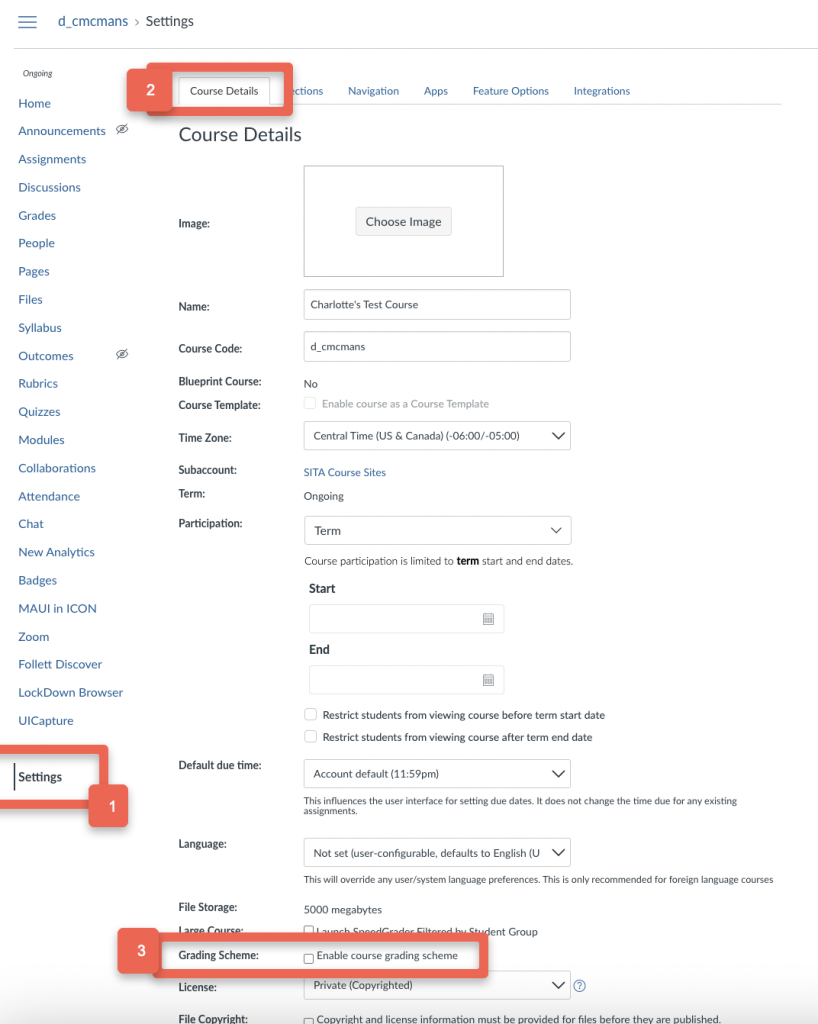 Screenshot of the ICON website's course settings page, highlighting settings, course details, and course grading scheme.