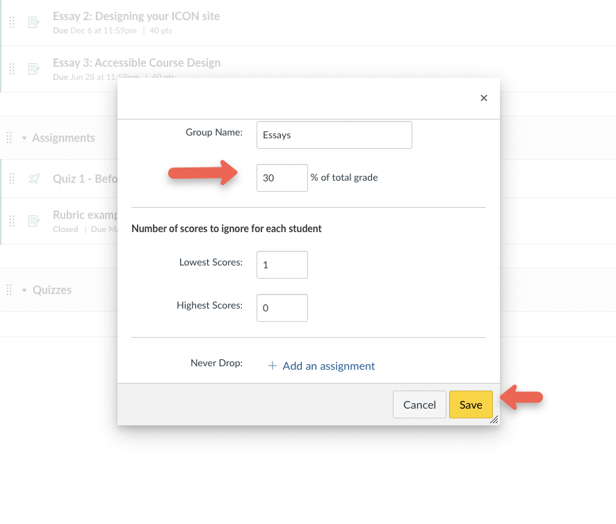 Online grading interface showing settings for an assignment group named "Essays," with fields for group name, percentage of total grade, and options for ignoring lowest and highest scores.