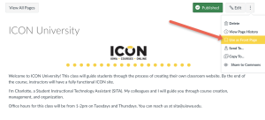 ICON University course page with navigation menu and course details. A highlighted arrow points to "Use as Front Page" in the options menu.