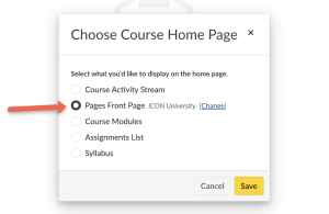 Dialog box in a course management system with options for choosing the course home page. "Pages Front Page" is selected.