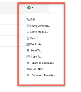 Dropdown menu with various options and icons for editing and moving the Week 1 module.