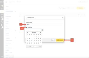 Add Module pop-up window on the ICON platform with instructions to add a module for Week 1.