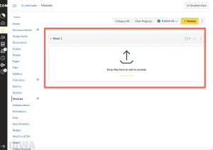 Screenshot of the Modules page on the ICON platform with an empty "Week 1" module highlighted and a box to drag and drop files.