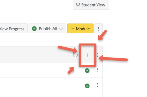 Screenshot of the modules page on ICON with arrows pointing at a plus sign within a highlighted section next to the "+ Module" button.