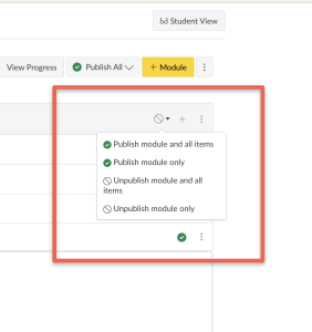 ICON educational platform interface showing the "Modules" section with options to manage and publish content for Week 1.