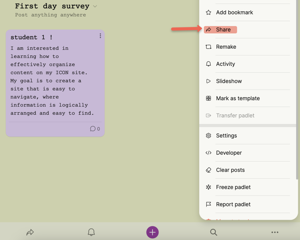 Padlet interface with "First day survey" title, a student’s response, and a dropdown menu with sharing options.