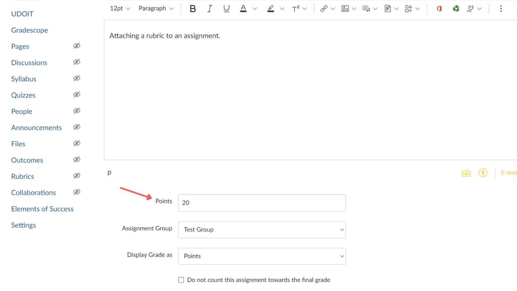 On the create assignment page in ICON, an arrow references the number of points given to the assignment. In this case it is 20 points.