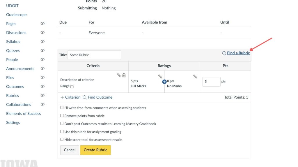 Screenshot of an online educational platform's rubric creation form, showing options for criteria and rating configurations. An arrow points to the blue linked "Find a rubric" button in the newly opened field.