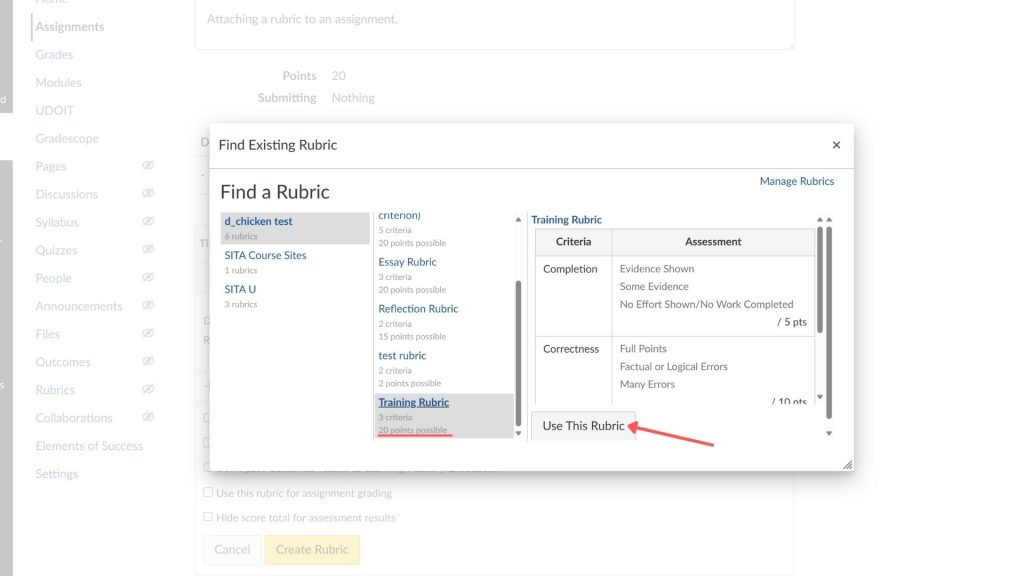 The image displays a screenshot of the "Find Existing Rubric" interface within the educational software called ICON. The interface is divided into two main sections: a list of rubrics on the left and a detailed view of the selected rubric on the right. Red marks indicate that the Training Rubric (from earlier) is selected, and that the user should then click on "Use This Rubric".