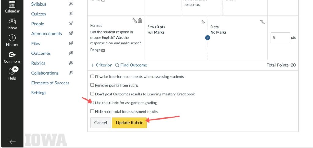 This image shows the editing field of a rubric on ICON. There are five checkboxes present as well as a cancel button and an update rubric button. The fourth checkbox, "Use this rubric for assignment grading" is indicated to via a red arrow. The "Update Rubric" button also has an arrow pointing to it.