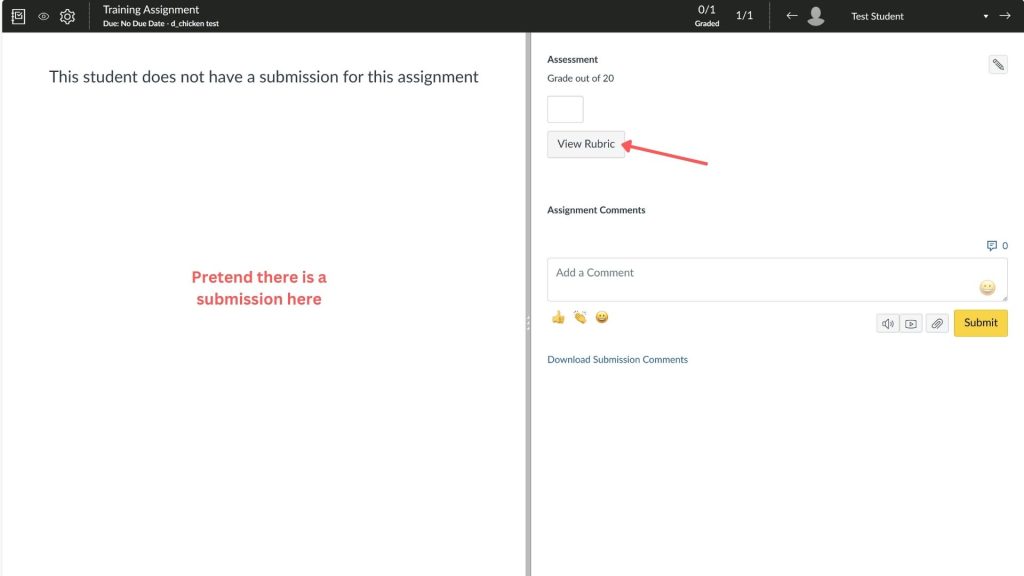 Screenshot of ICON educational software showing a training assignment with no student submission in SpeedGrader. A red arrow indicates to a "View Rubric" button in the right-hand plane.