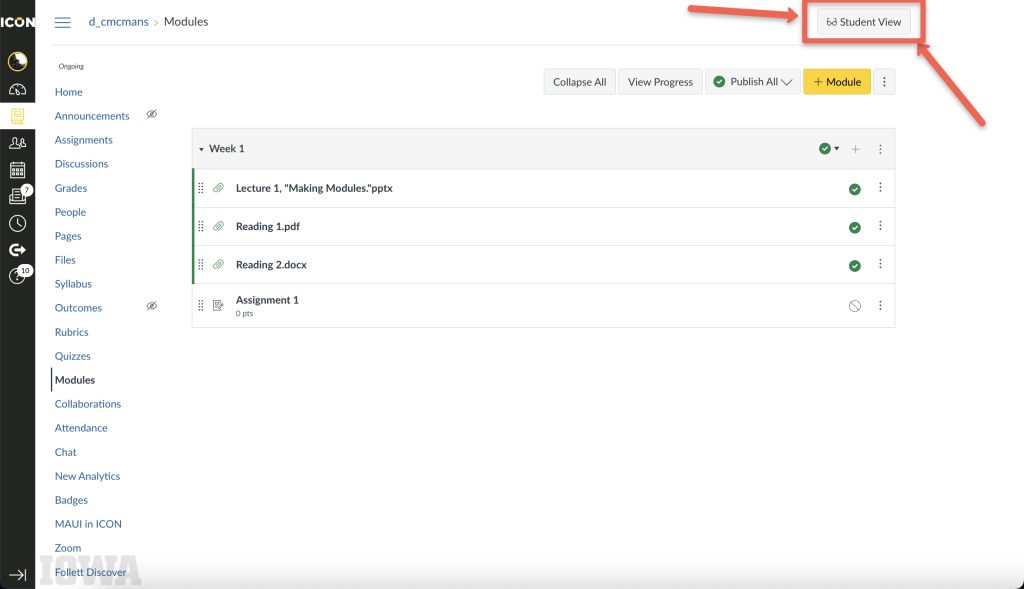 Screenshot of ICON platform interface highlighting Week 1 materials and a "Student View" button.