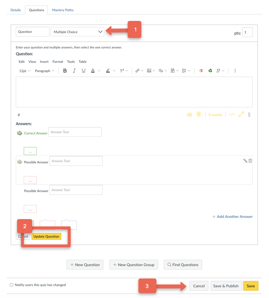 ICON interface for creating a multiple-choice question in an online quiz platform.