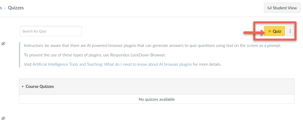 ICON interface for managing quizzes with a highlighted "+ Quiz" button. There are no quizzes yet available.