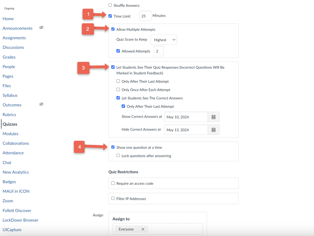 Screenshot of ICON quiz settings with options for time limit, multiple attempts, student responses, and question display.