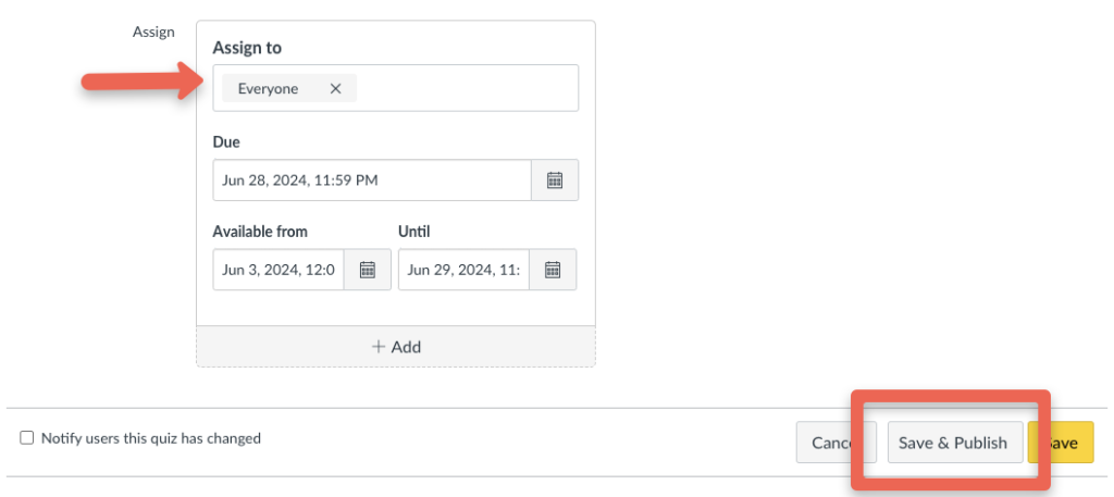 Pop-up form on the ICON learning system assigning a quiz to "Everyone" with due and availability dates, and "Save & Publish" button highlighted.