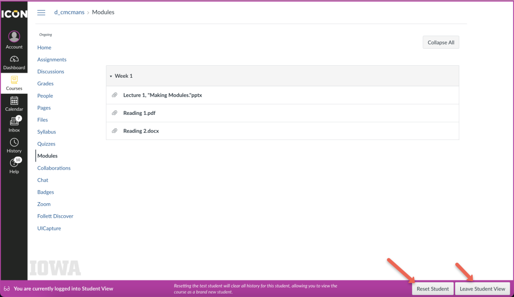 Screenshot of the ICON interface showing a module with three items and arrows pointing to "Reset Student" and "Leave Student View" in the bottom right corner.